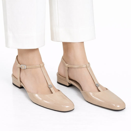 Gucci Double GG T Strap Patent Leather Ballet Flat Skin Rose Size 39.5