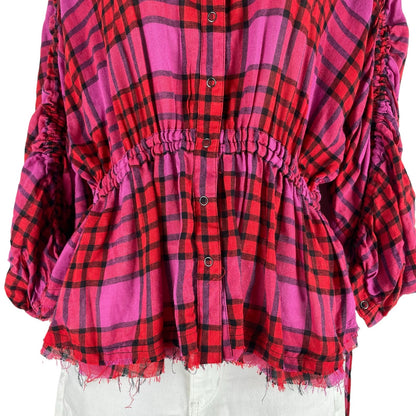 Free People Pacific Dawn Wool Plaid Shirt Red Pink Drawstring Size S