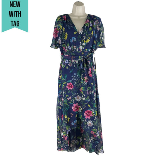 Eliza J Floral Printed Faux Wrap Midi Dress Hi Lo Hem Tie Waist Size 6