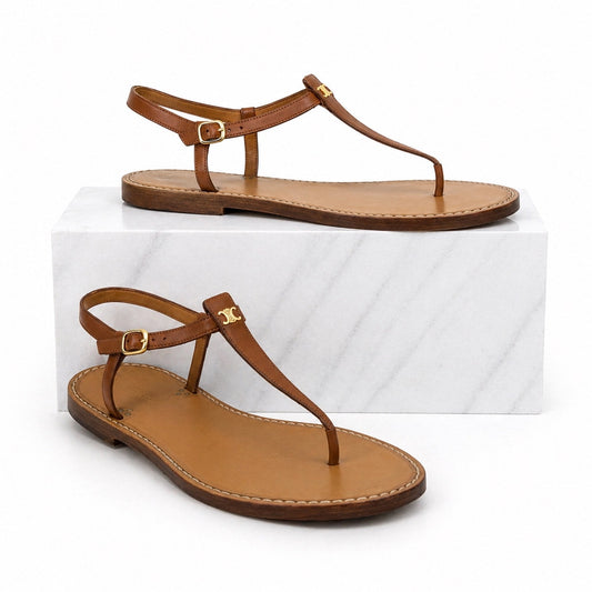 Celine Triomphe Thong Leather Flat Sandal Ankle Strap Brown Size 36