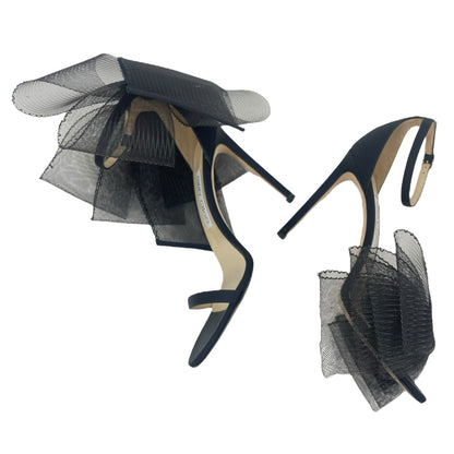 Jimmy Choo Aveline 100 Black Sandal Grosgrain Mesh Fasincator Bow Size 39