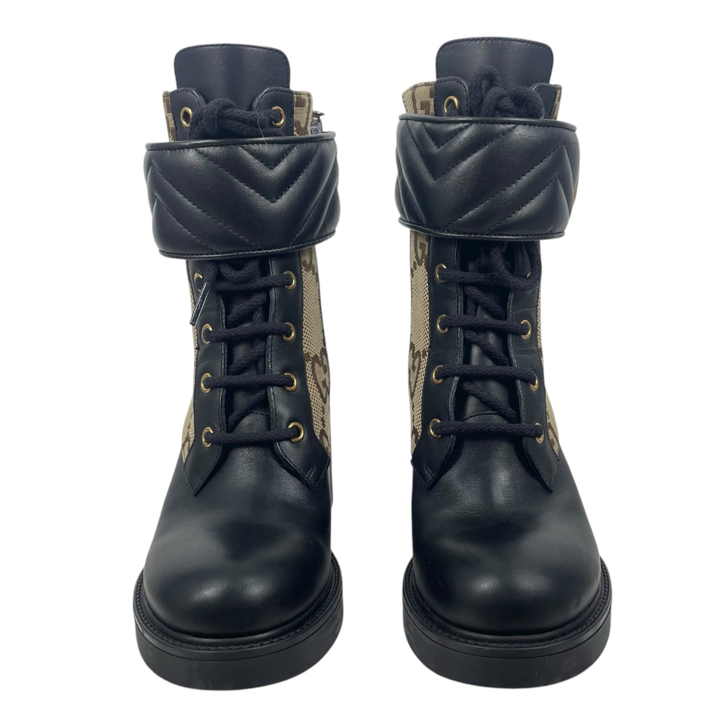Gucci Flores Calfskin Monogram Double GG Ankle Boots Camel Ebony Size 36