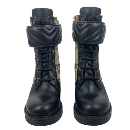 Gucci Flores Calfskin Monogram Double GG Ankle Boots Camel Ebony Size 36
