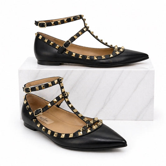 Valentino Garavani Rockstud Caged Leather Ballet Flats Black Size 38