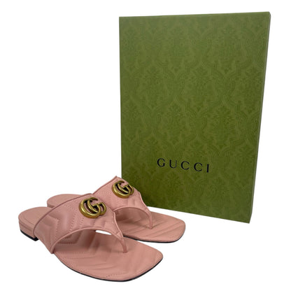Gucci GG Logo Marmont Leather Thong Flat Sandals Pink Gold Size 37.5