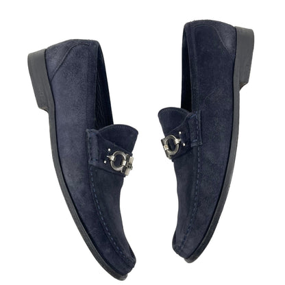 Salvatore Ferragamo Rich Gancini Suede Loafers Slip On Navy Blue Size 8EE