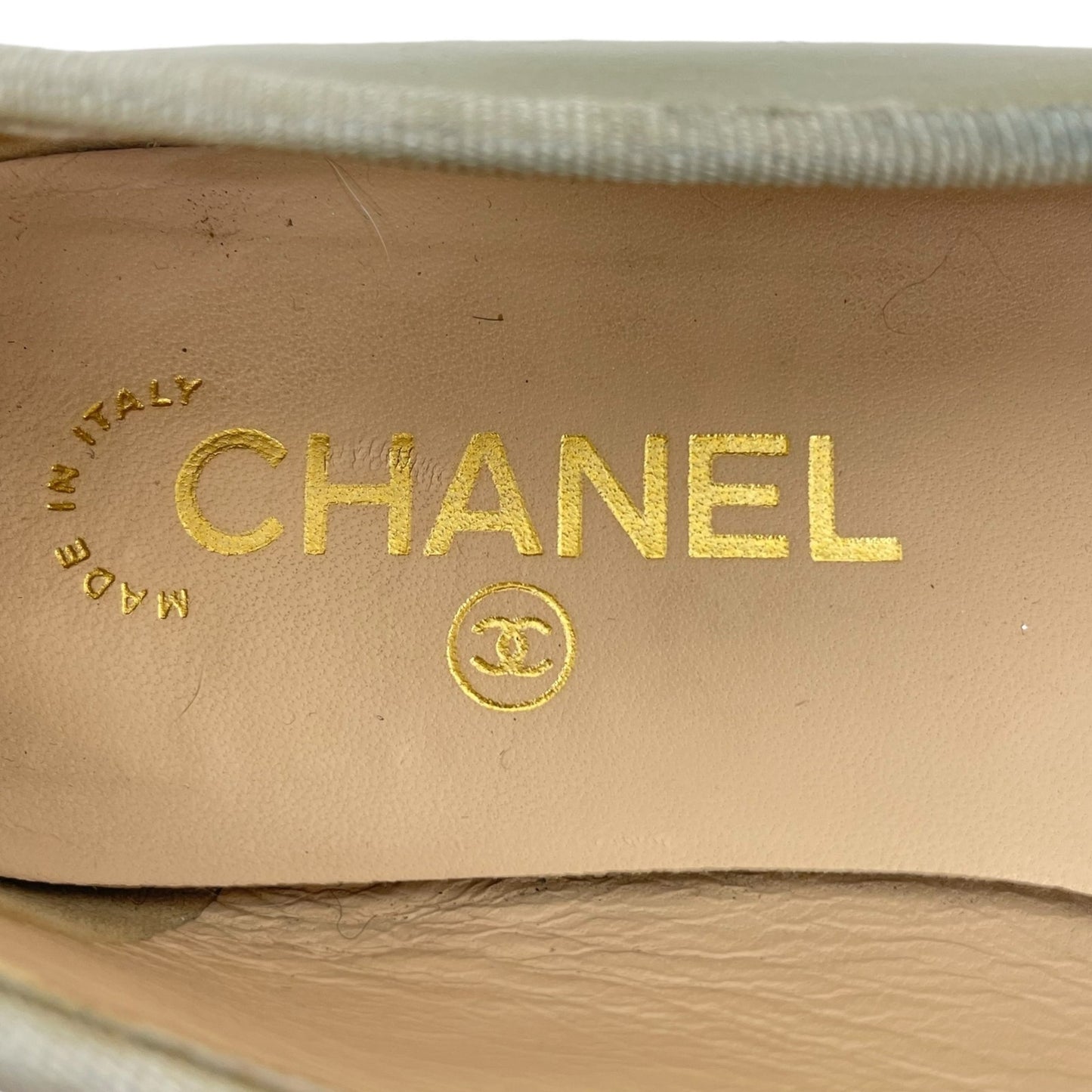 Chanel Cap Toe CC Logo Bow Ballet Flats Patent Leather Light Gold Size 37