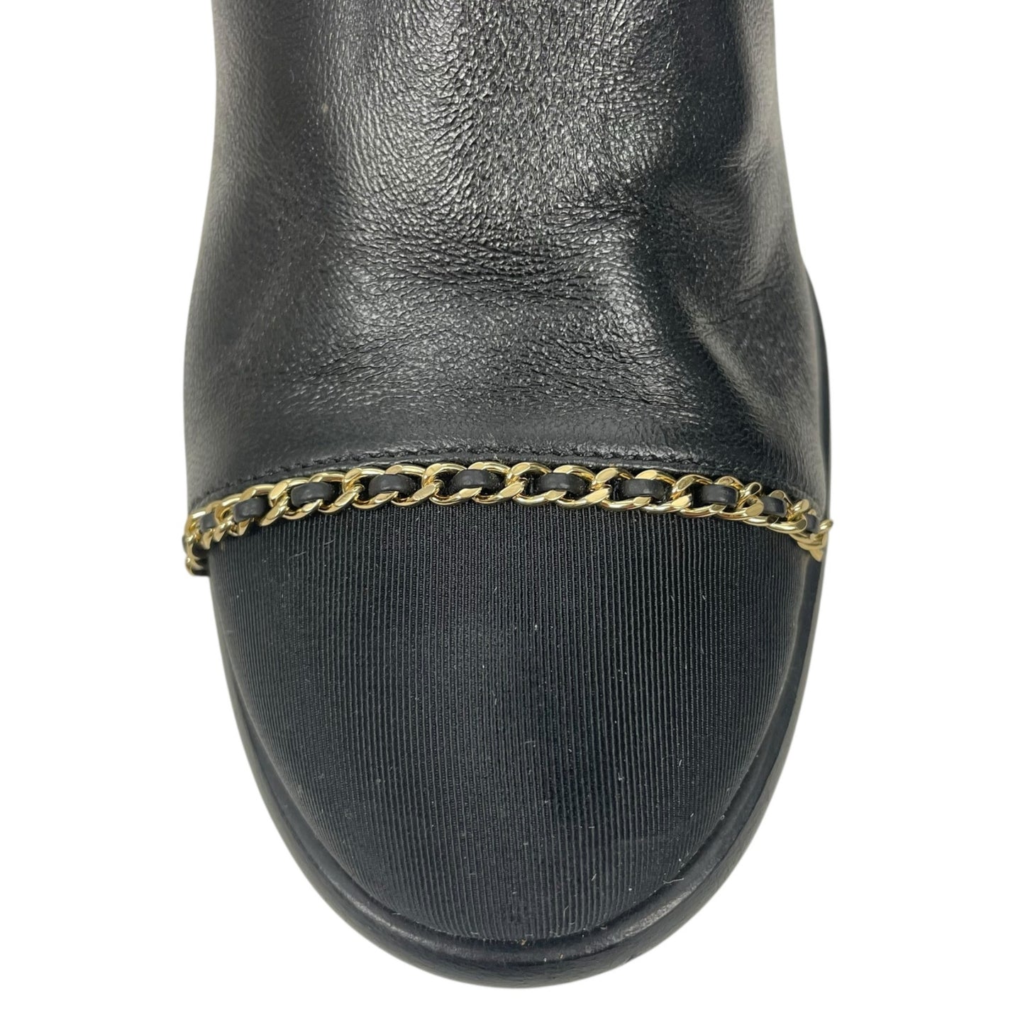Chanel Coco Mark Logo Cap Toe Chain Short Leather Boots Black Size 39
