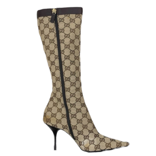 Gucci GG Monogram Pointed Toe Tall Boots Knee High Brown Size 7B