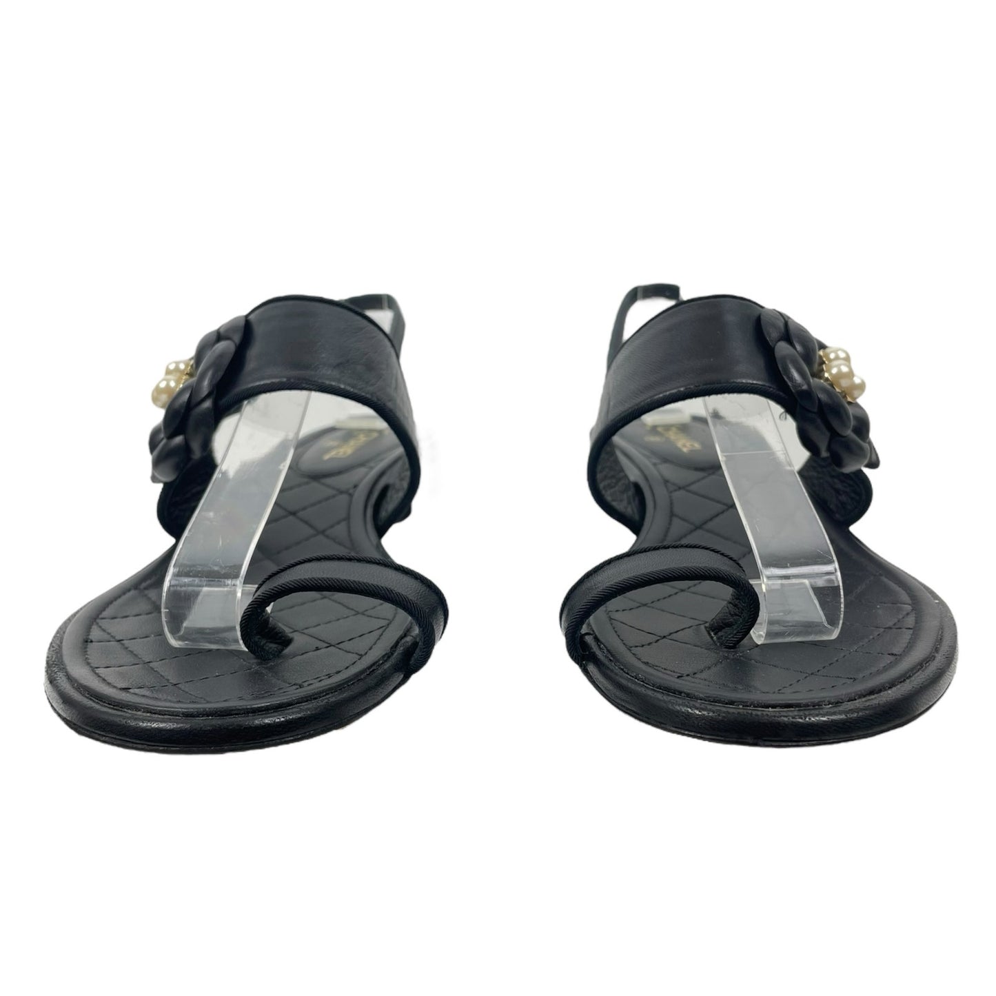 Chanel Camellia Pearl Logo Toe Ring Slingback Flat Sandal Black Size 37.5