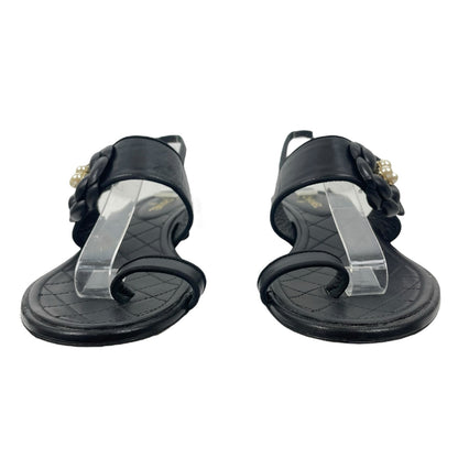 Chanel Camellia Pearl Logo Toe Ring Slingback Flat Sandal Black Size 37.5