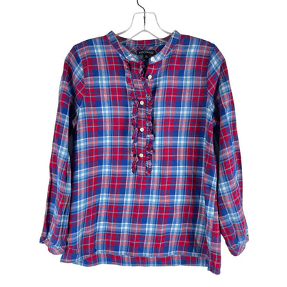 J. Crew Mercantile Flannel Plaid Popover Shirt Top Ruffle Blue Red Size XS