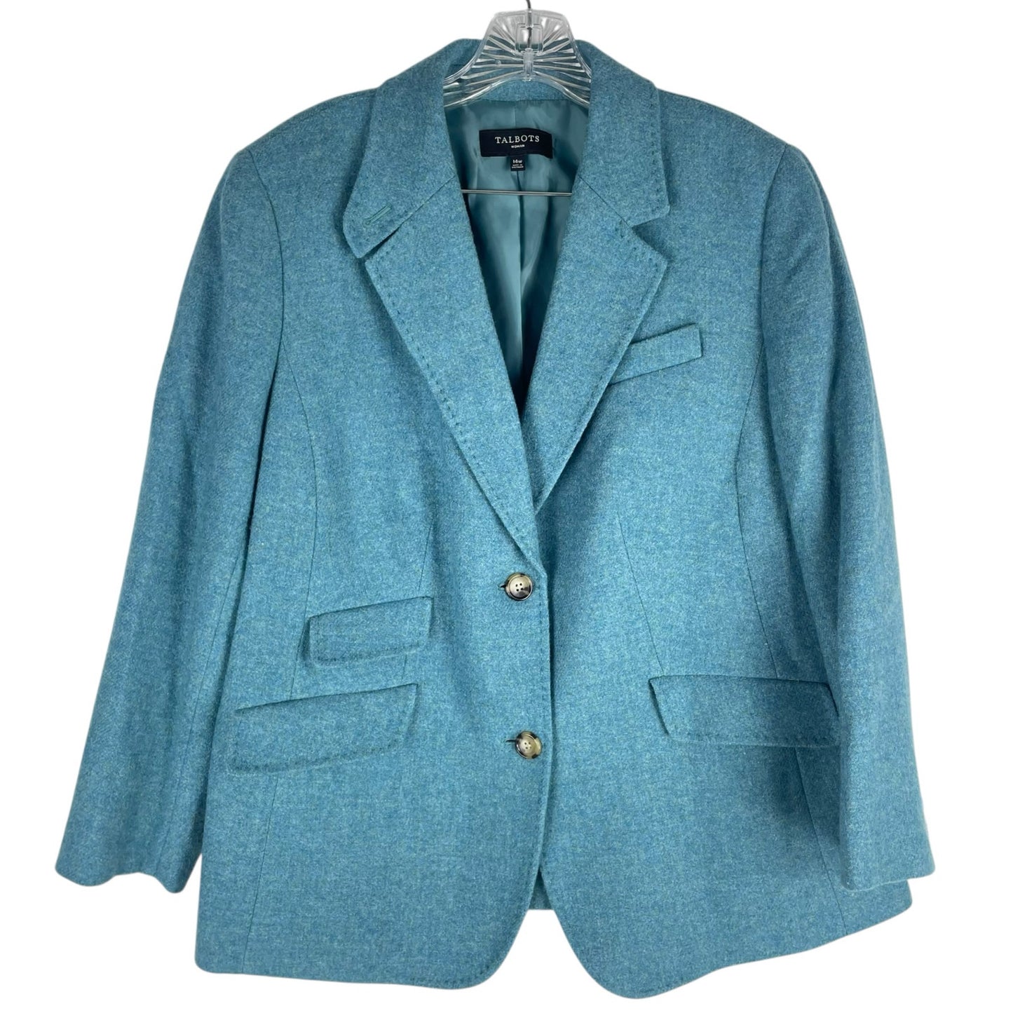 Talbots Wool Blend 2 Button Blazer Jacket Heather Teal Blue Size 14W
