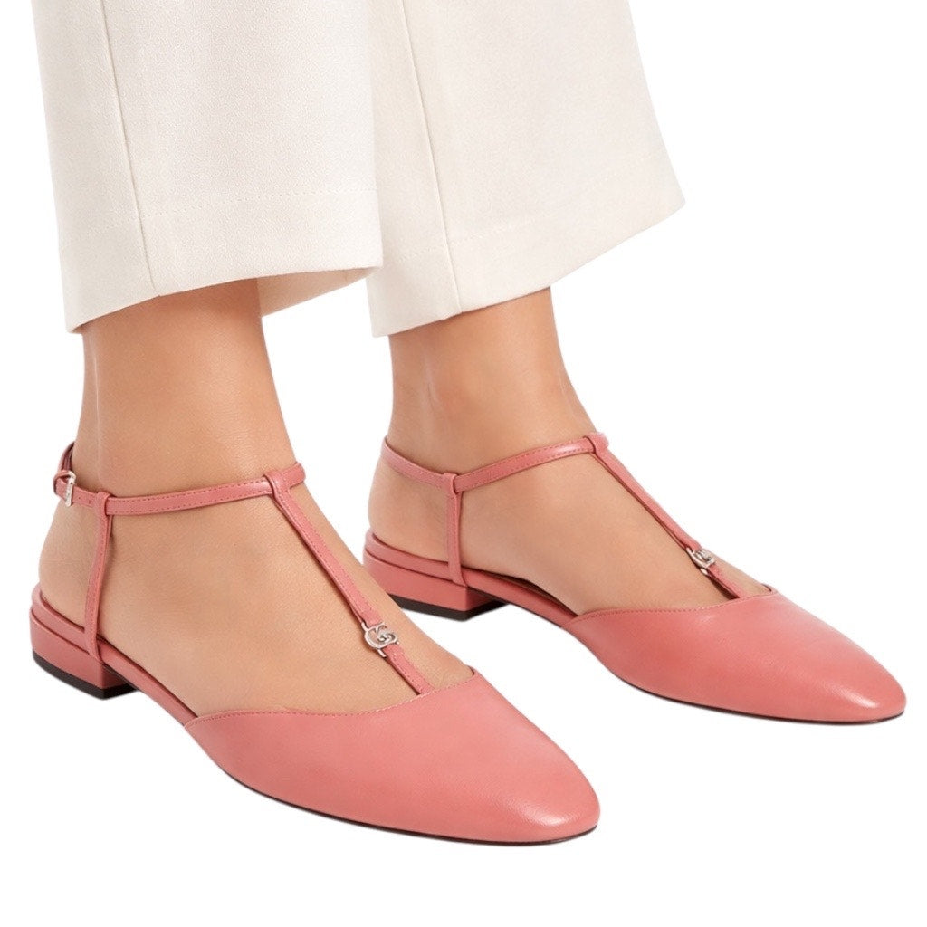 Gucci Double GG T Strap Patent Leather Ballet Flat Pink Size 39.5