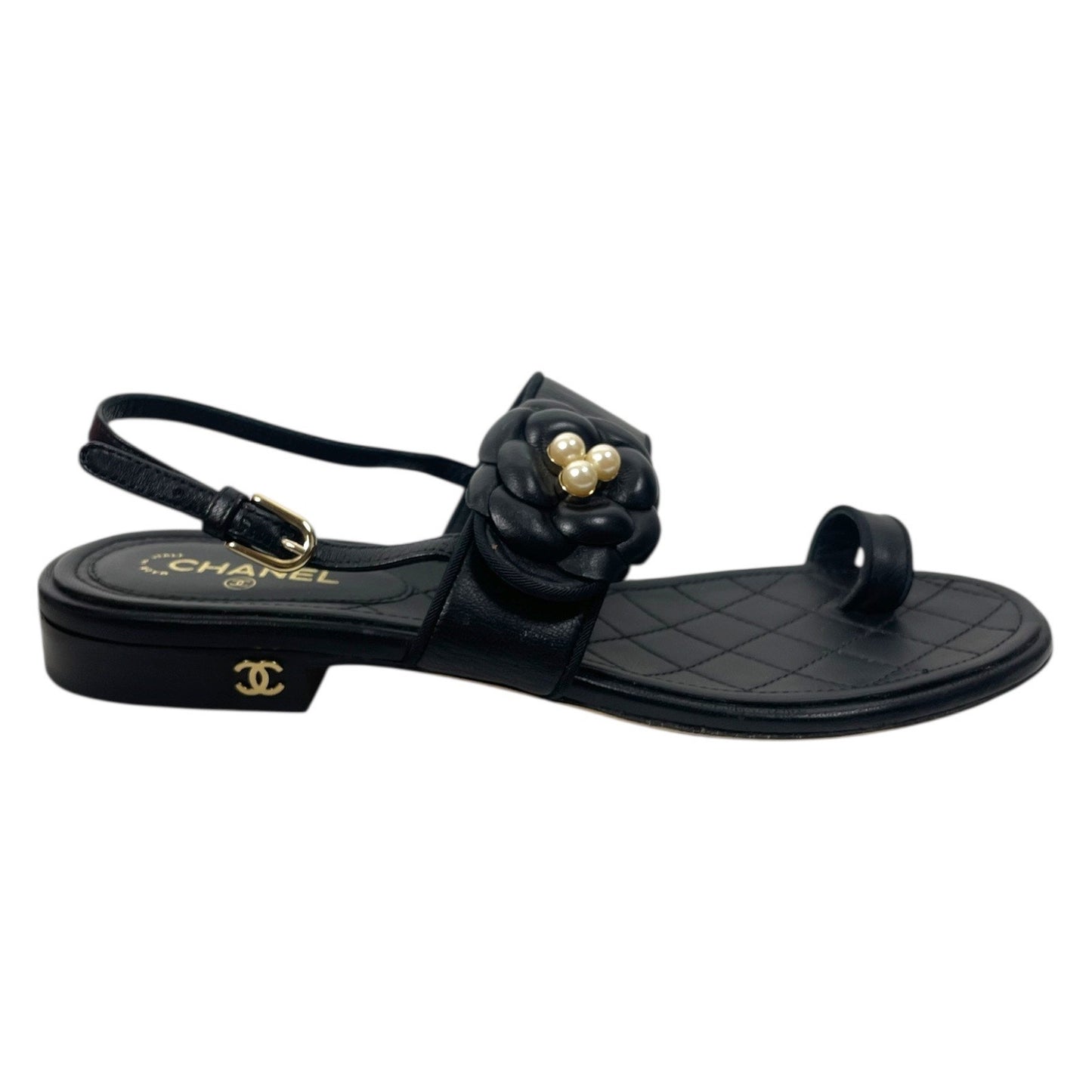 Chanel Camellia Pearl Logo Toe Ring Slingback Flat Sandal Black Size 37.5