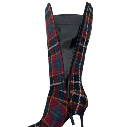 Manolo Blahnik Bayhi Gala Val Check Virgin Wool Knee High Boots Size 37.5