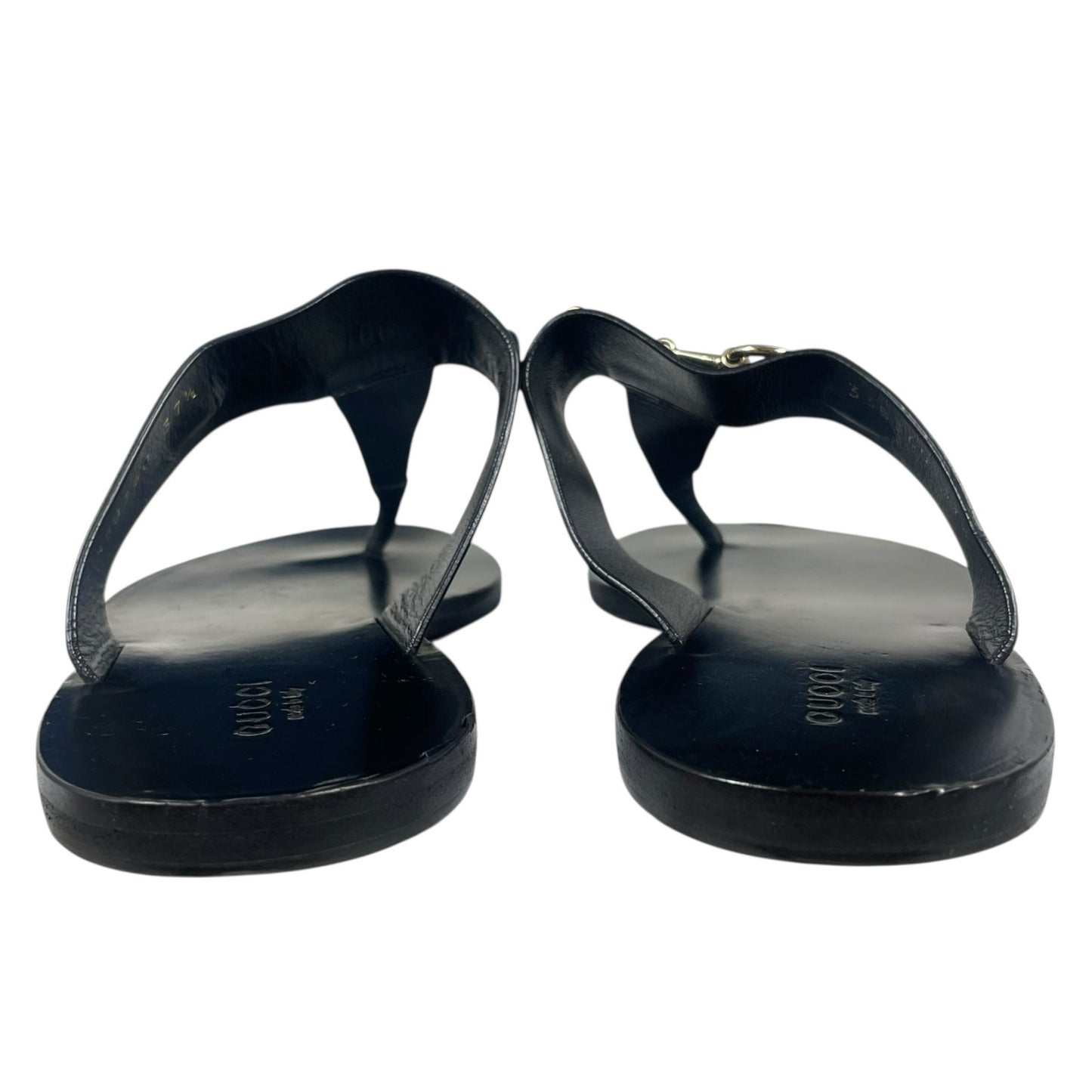Gucci Horsebit Calf Leather Thong Sandal Slide Black Silver Size 37.5