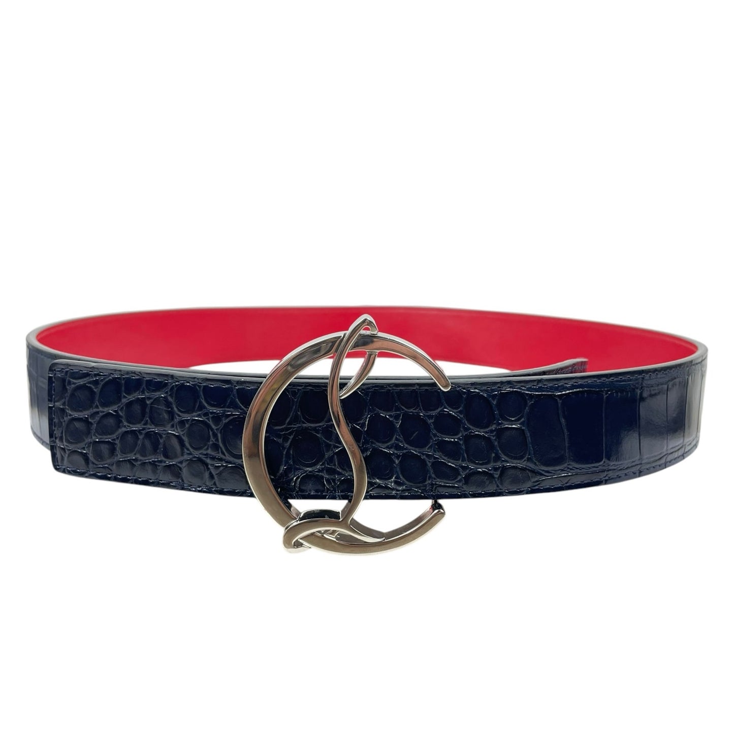 Christian Louboutin CL Logo Crocodile Reversible Leather Belt Blue Size 85/34