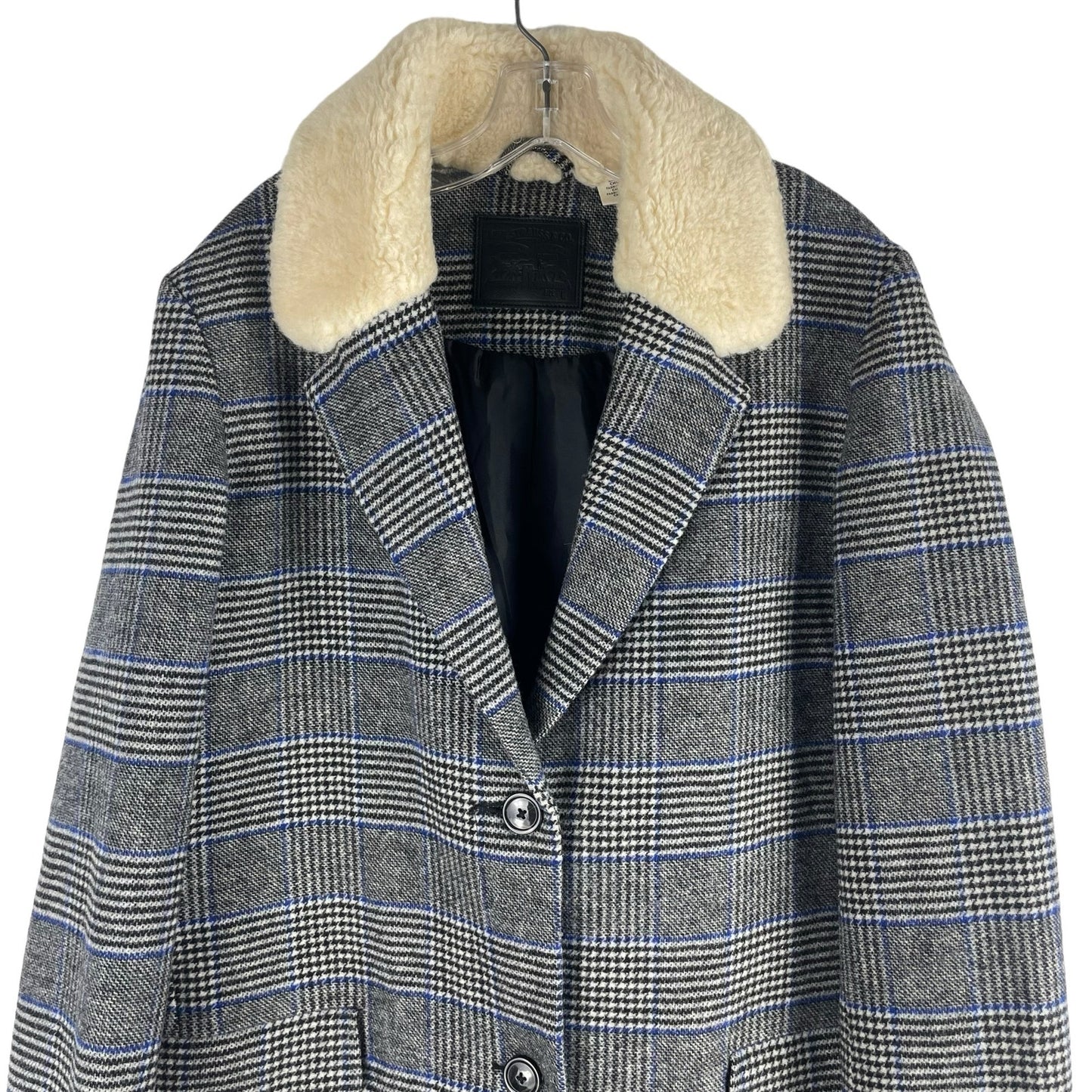 Levi's Amaya Wool Blend Houndstooth Plaid Coat Faux Fur Gray Blue Size L