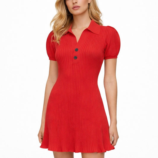 Self Portrait Puff Sleeve Rib Knit Mini Polo Dress Red Size S
