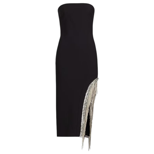 Cinq a Sept Strapless Rhinestone Fringed Sammy Midi Dress Black Size 6