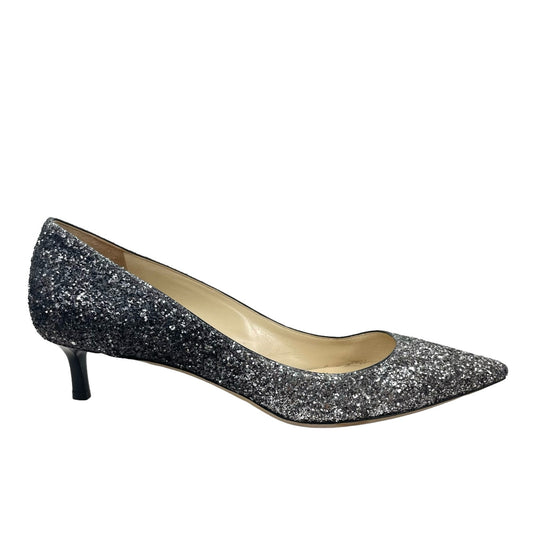 Jimmy Choo Romy 40mm Glitter Pumps Pointed Toe Ombre Silver Black Size 40