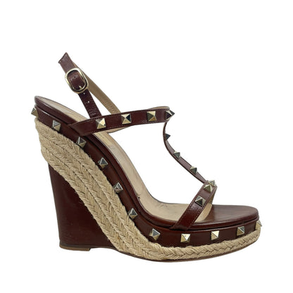 Valentino Garavani Rockstud Platform Wedge Espadrille Sandals Brown Size 40