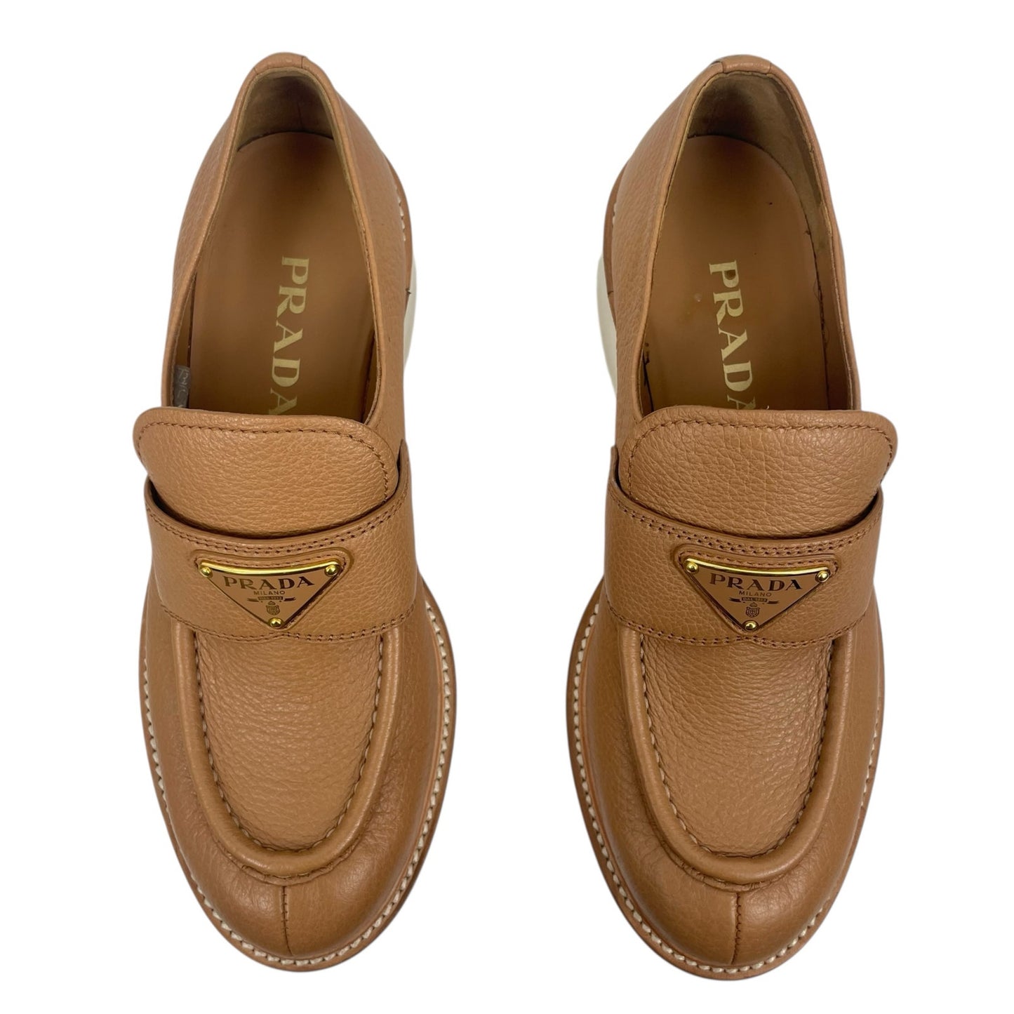 Prada Triangle Logo Pebble Leather Platform Loafer in Brown Size 37.5