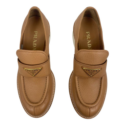 Prada Triangle Logo Pebble Leather Platform Loafer in Brown Size 37.5