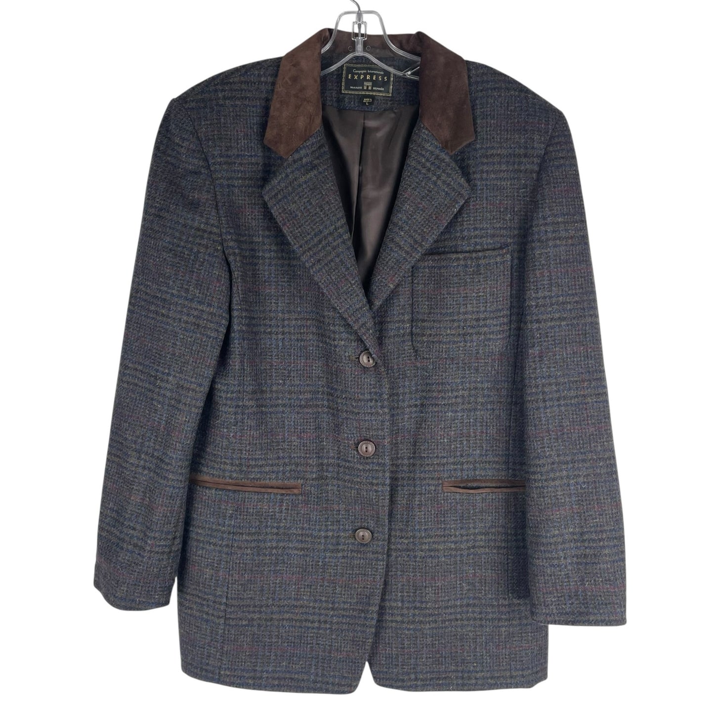 Express Suede Collar Wool Plaid Blazer Jacket Suede Gray Brown Size L