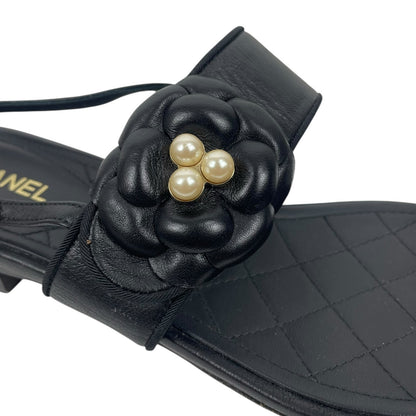 Chanel Camellia Pearl Logo Toe Ring Slingback Flat Sandal Black Size 37.5