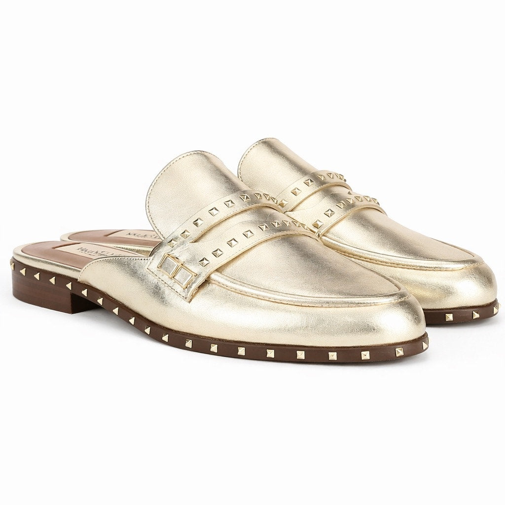 Valentino Garavani Rockstud Leather Mules Slide Agento Gold Size 40.5