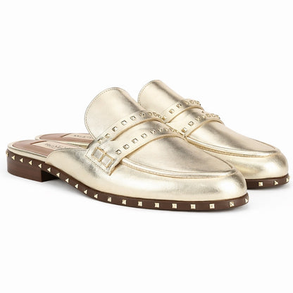 Valentino Garavani Rockstud Leather Mules Slide Agento Gold Size 40.5