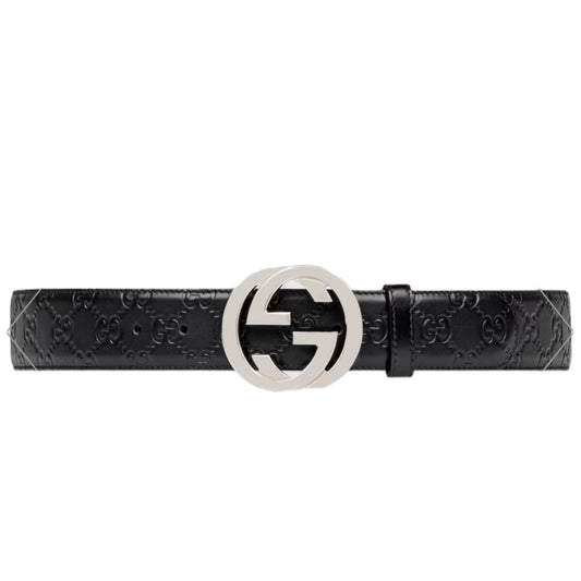 Gucci Interlocking G Buckle Signature Leather Belt GG Logo Black Size 90/36