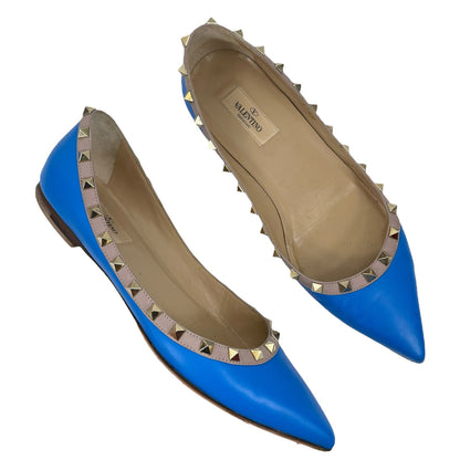 Valentino Garavani Rockstud Two Tone Poined Toe Flats Blue Pink Size 40