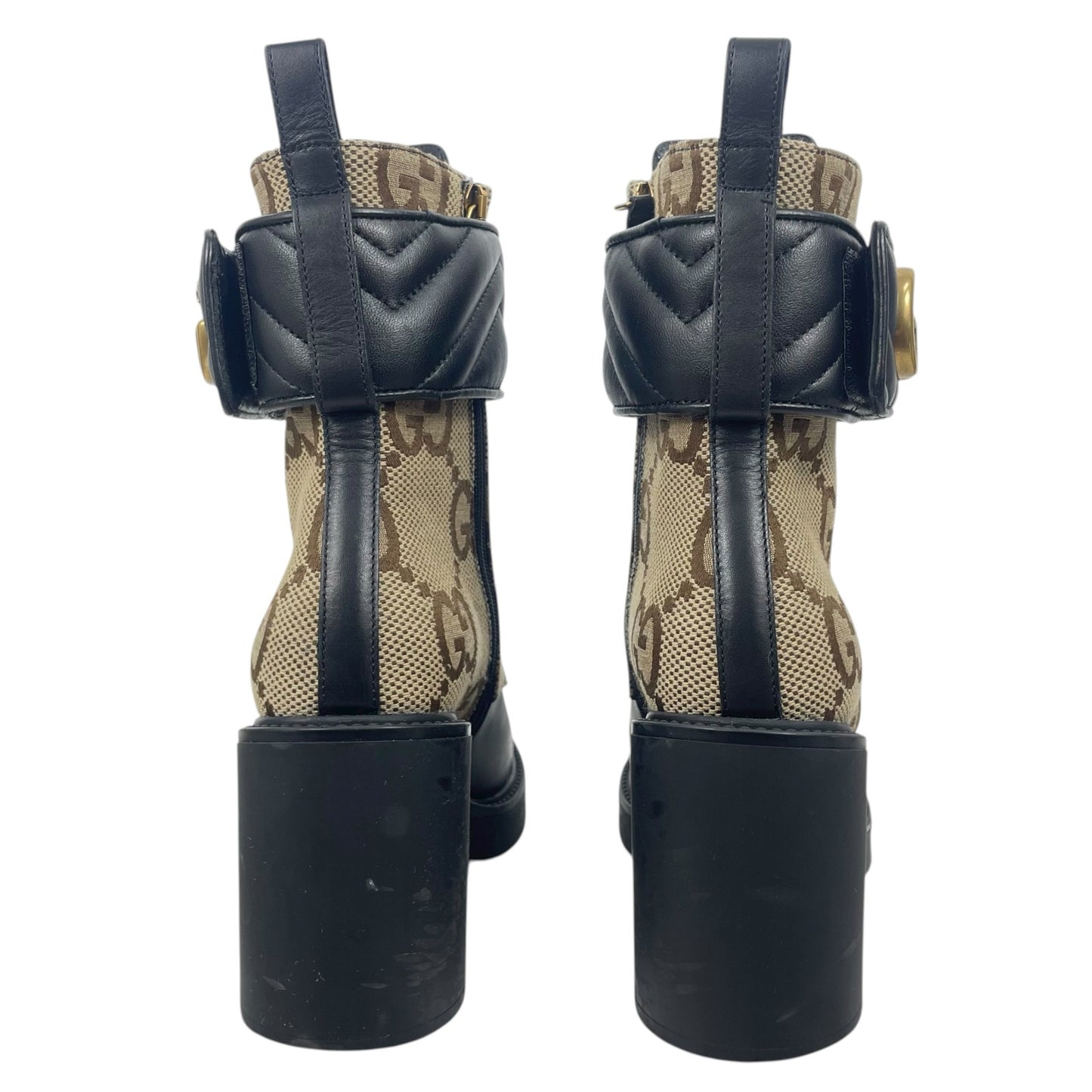 Gucci Flores Calfskin Monogram Double GG Ankle Boots Camel Ebony Size 36