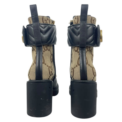 Gucci Flores Calfskin Monogram Double GG Ankle Boots Camel Ebony Size 36