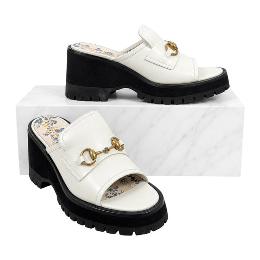 Gucci Cordovan Horsebit Open Toe Platform Slide Sandal Dusty White Size 41
