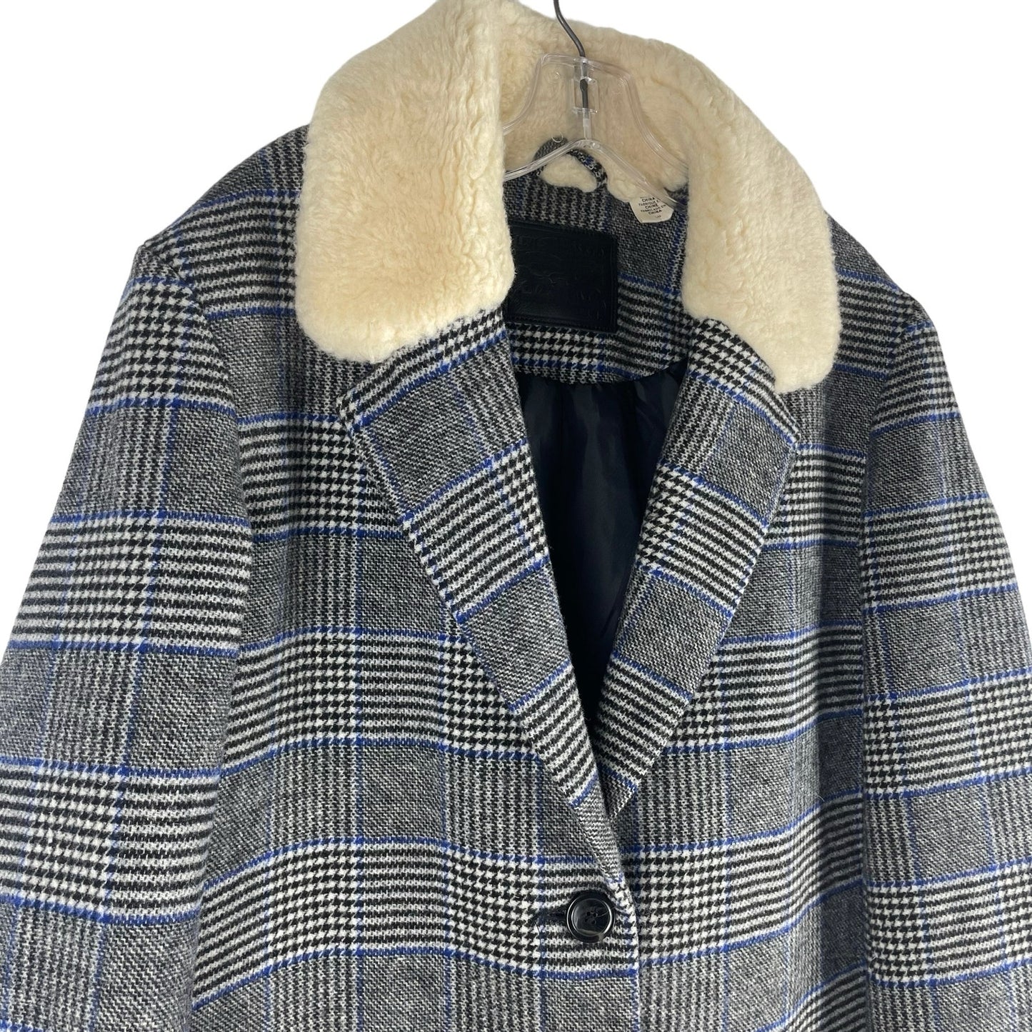 Levi's Amaya Wool Blend Houndstooth Plaid Coat Faux Fur Gray Blue Size L