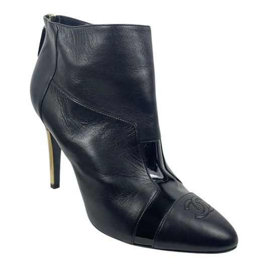 Chanel CC Logo Cap Toe Lamb Leather Heel Ankle Boots Black Size 38