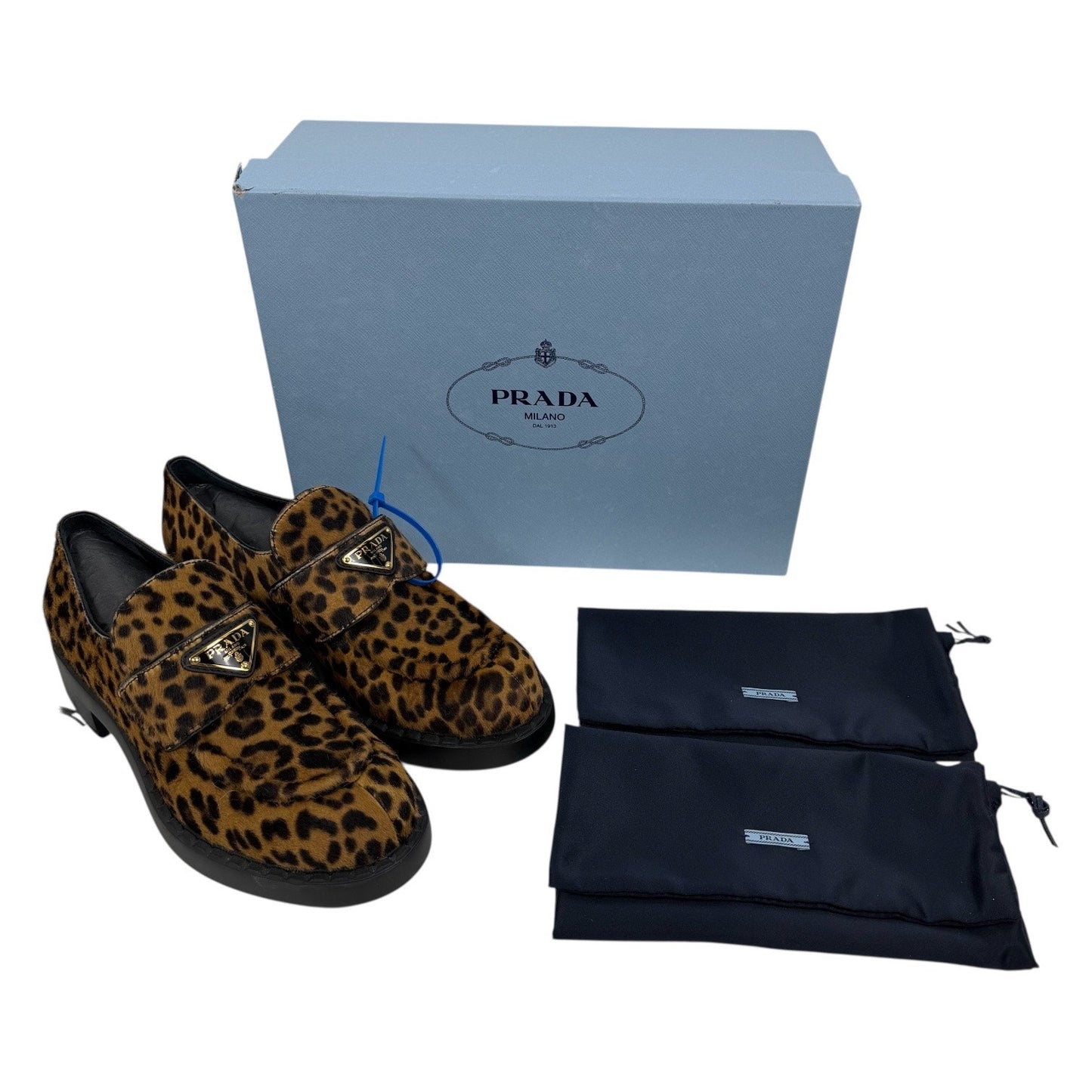 Prada Enamel Triangel Logo Leopard Printed Leather Loafer Brown Size 38.5
