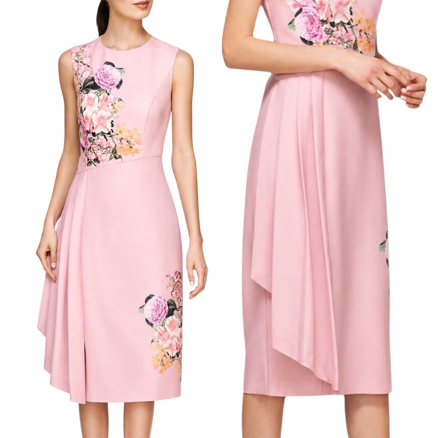 Kay Unger Mabel Midi Dress Floral Print Side Pleats Pink Size 16