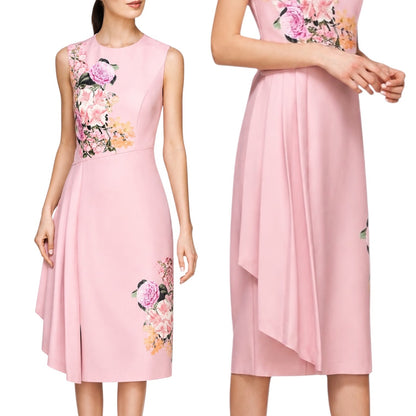Kay Unger Mabel Midi Dress Floral Print Side Pleats Pink Size 16