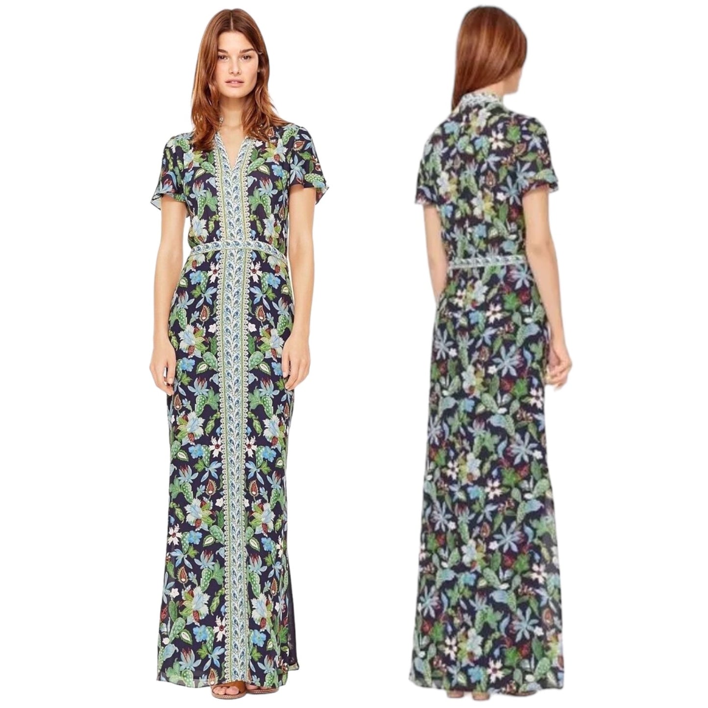 Tory Burch Silk Maxi Dress Long Caftan Garden Wisteria Blue Green Size 2