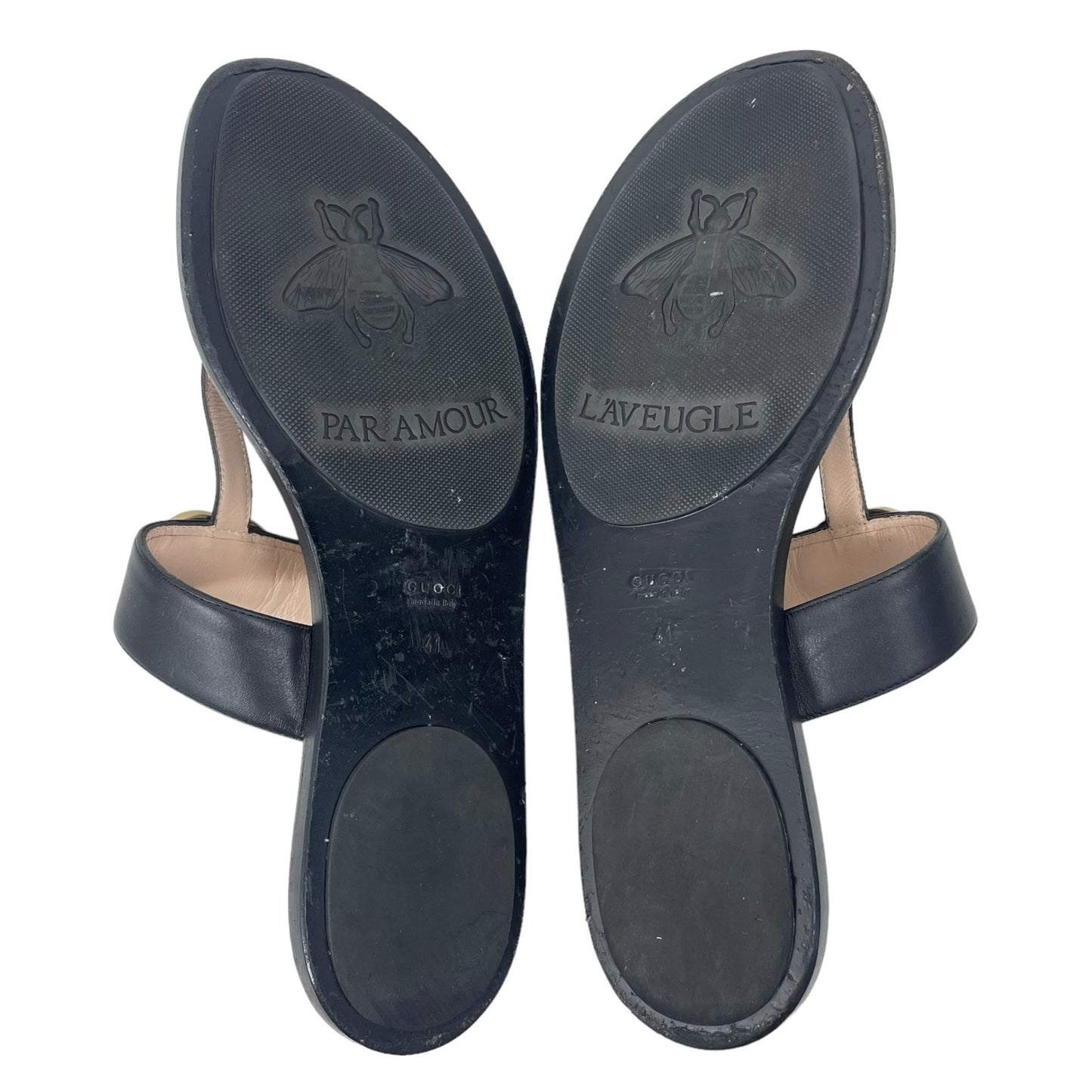 Gucci Leather Thong Sandals with Double G Logo Black Gold Size 41