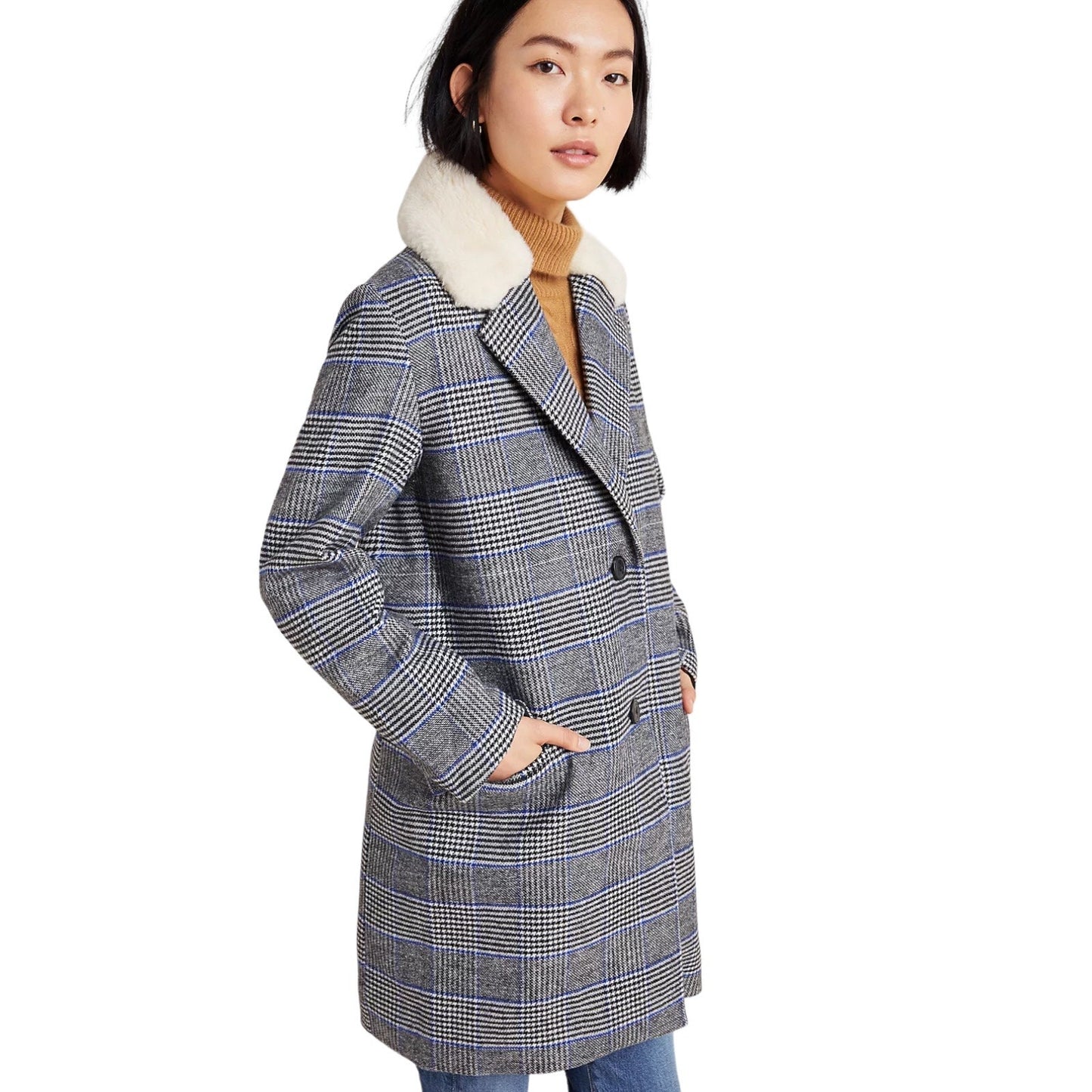 Levi's Amaya Wool Blend Houndstooth Plaid Coat Faux Fur Gray Blue Size L