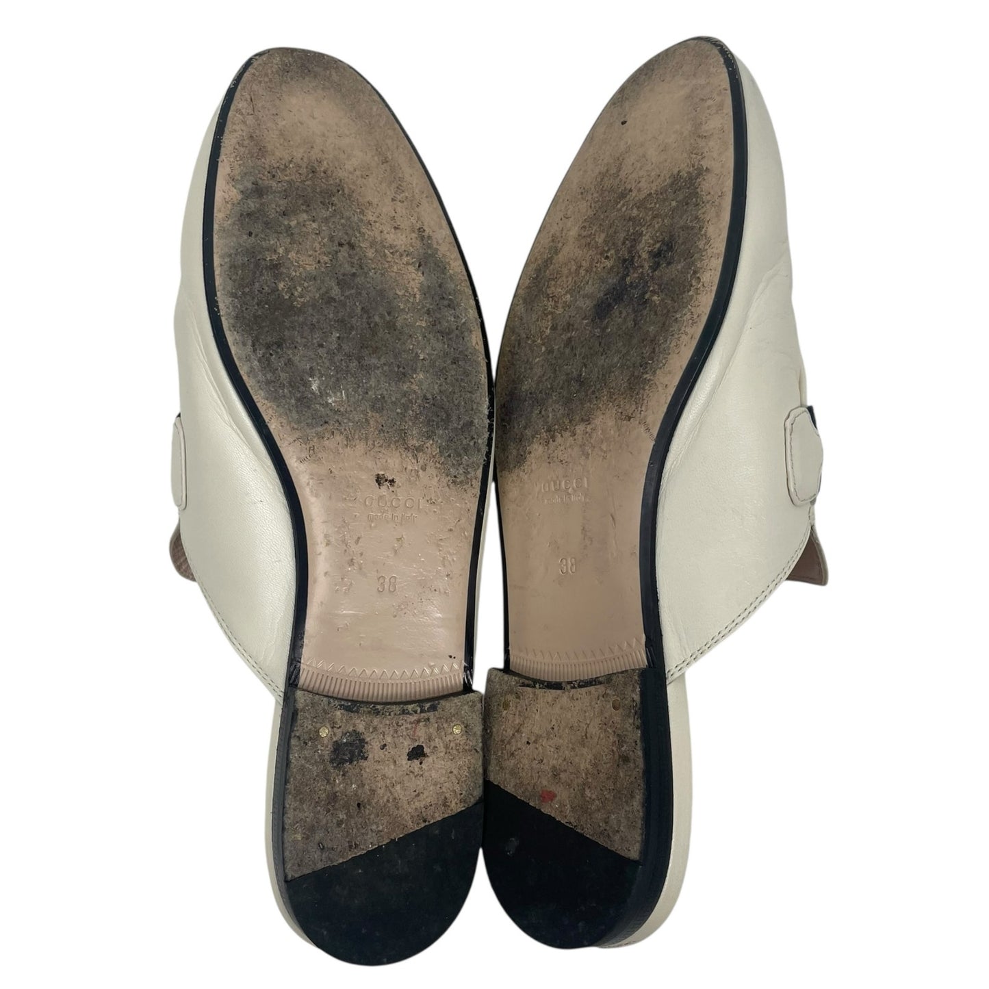 Gucci Princetown Web Leather Slide Mules Gold Horsebit White Size 38