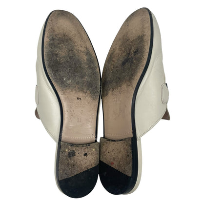 Gucci Princetown Web Leather Slide Mules Gold Horsebit White Size 38