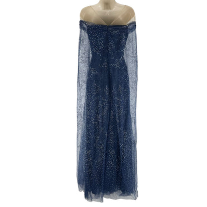 Marchesa Notte Tulle Overlay Cape Embellished Gown Blue Size 0