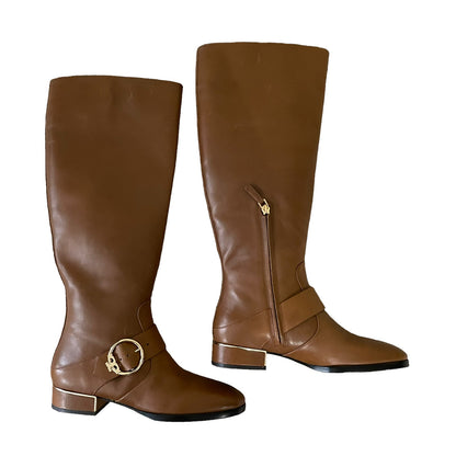 Tory Burch Sofia Tall Riding Boots Leather Logo Festive Brown Size 7